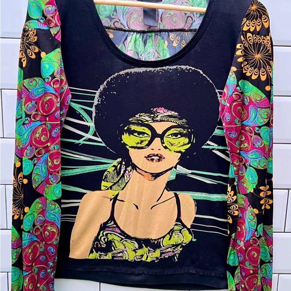 Rare Custo Barcelona Black Long-Sleeve Top with Multicolor Patterned Sleeves